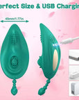 Rose wearable vibrator size and charging diagram showing 115 mm overall length, 45 mm width, rear power button and two-contact magnetic USB connection