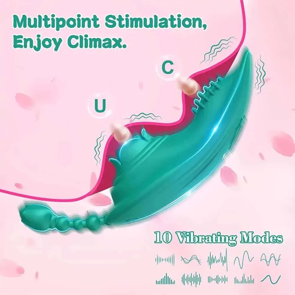 Teal wearable vibrator feature diagram showing its curved profile, raised dotted and rose surfaces, short beaded tail and ten vibration pattern symbols