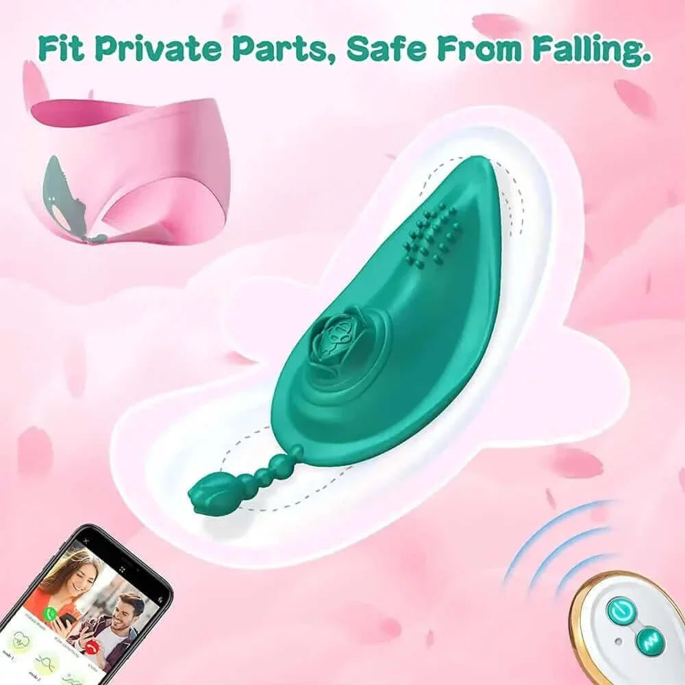 Teal rose wearable vibrator placement diagram showing the curved unit inside underwear with its short beaded tail, phone interface and separate remote