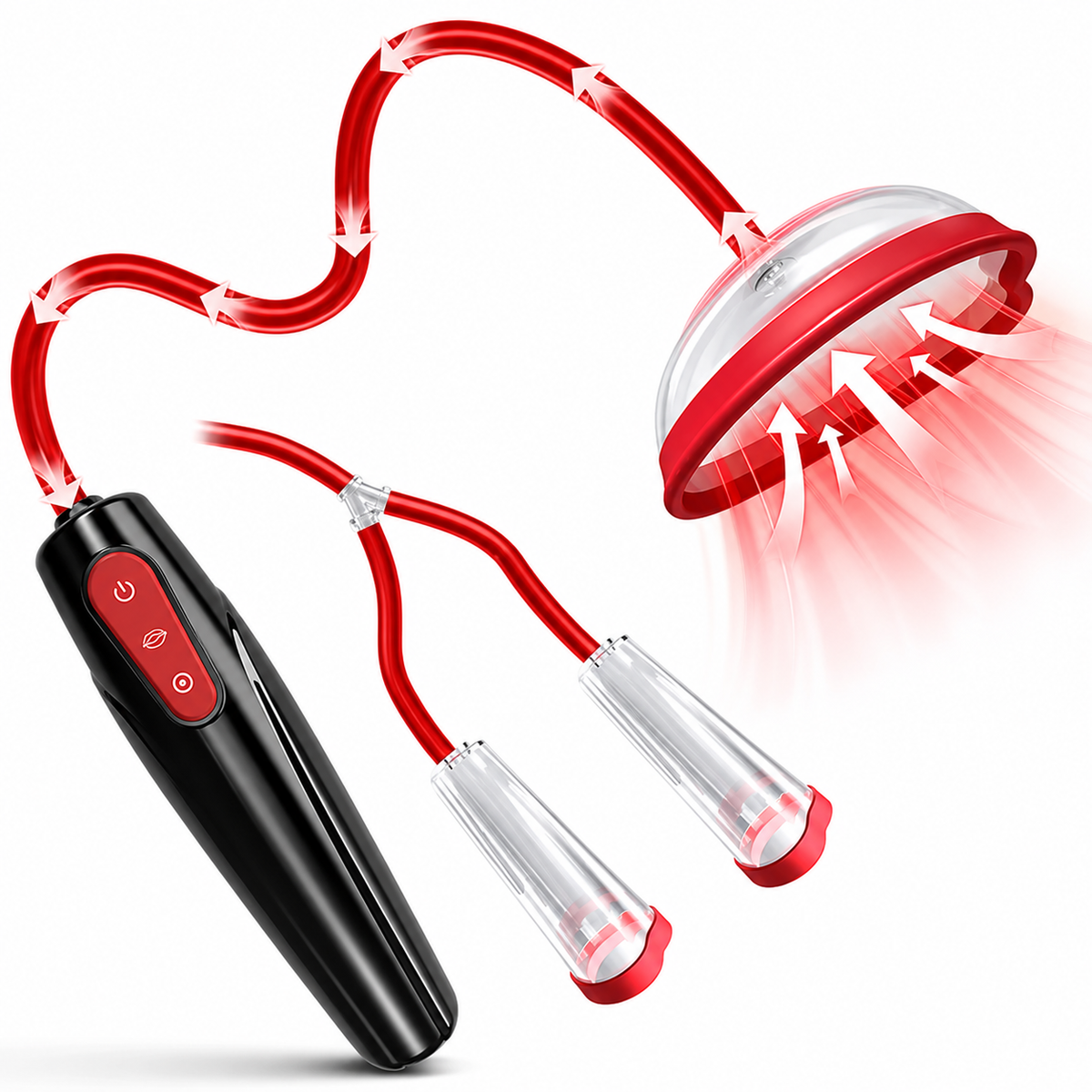 Illustration of a black and red pump controller with tubing, two narrow chambers and a wider cup attachment