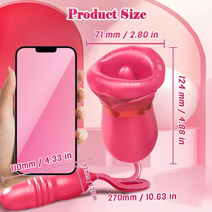 Big Mouth rose toy dimension diagram labeling the external head 124 by 71 mm, connected component 110 mm long and cable 270 mm
