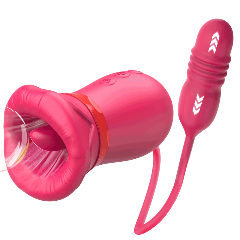 Red Big Mouth rose tongue toy with three buttons and a connected thrusting component on white; arrows illustrate movement