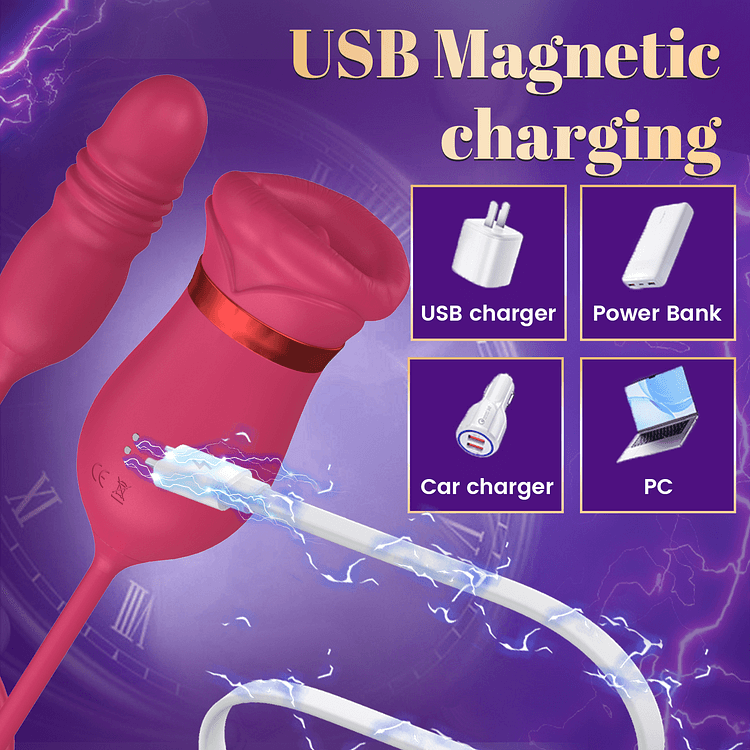 Magnetic USB cable aligned with the charging contacts on the Big Mouth rose toy; electrical effects are illustrative