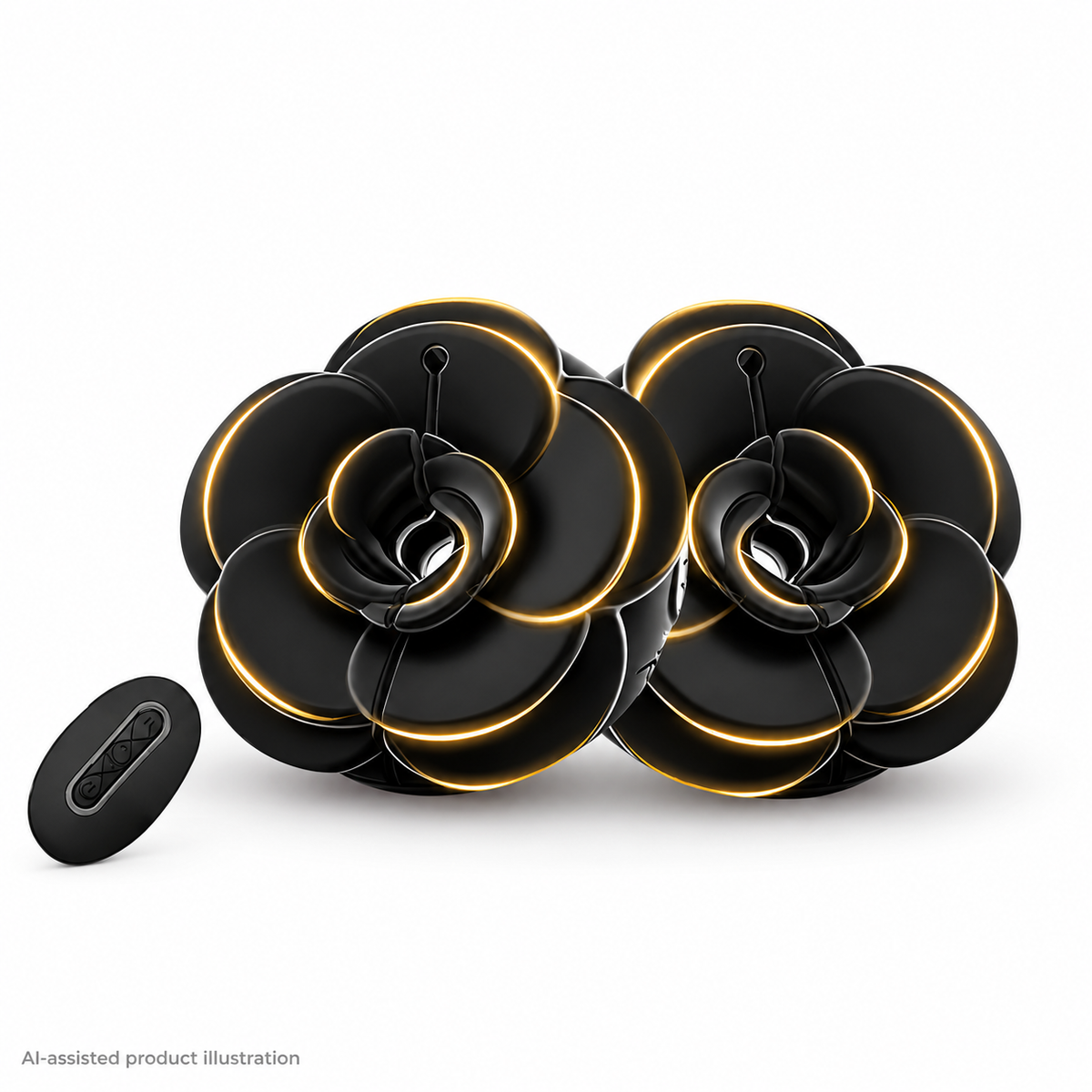 AI-assisted illustration of paired black rose nipple clamps with gold petal edges and a separate handheld remote