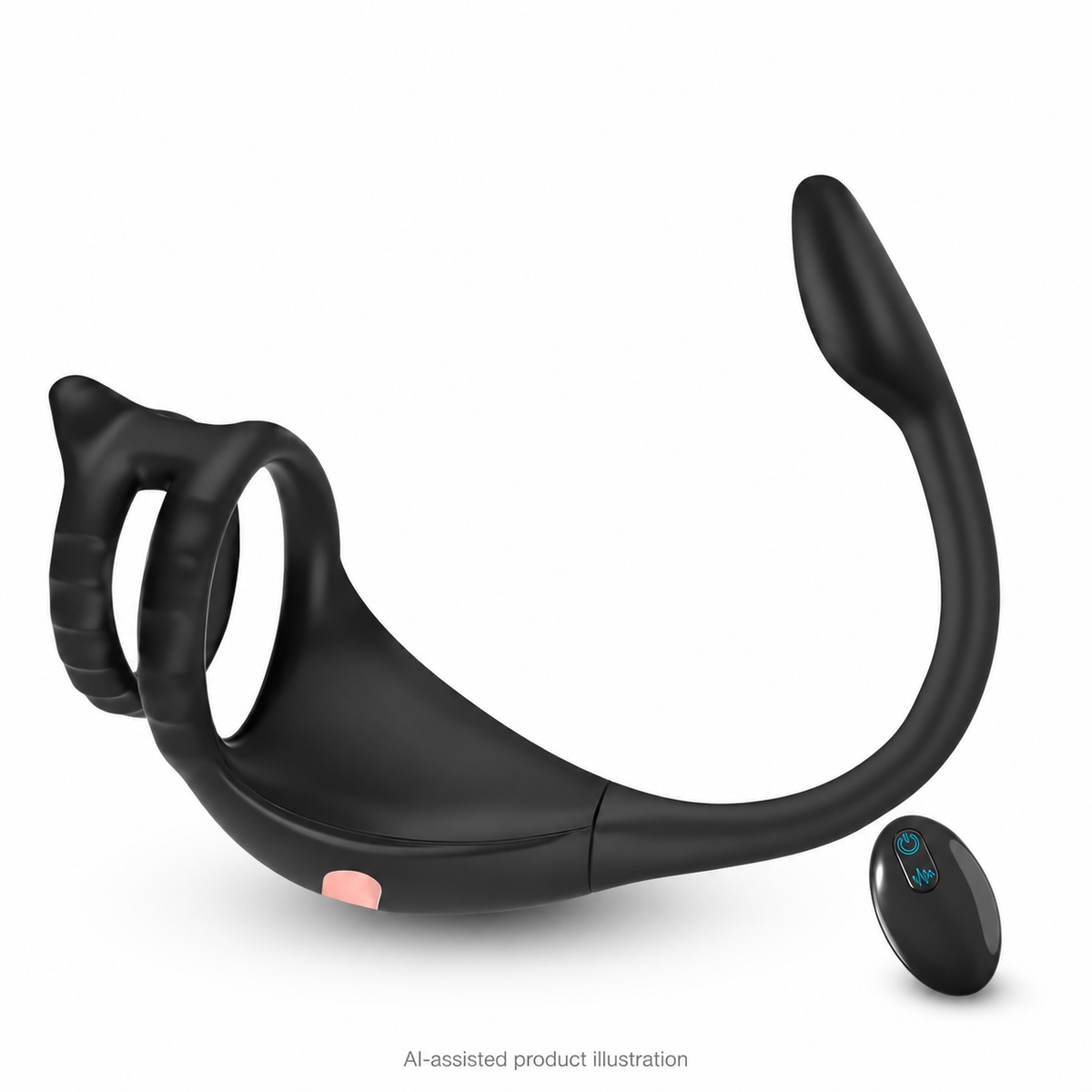 AI-assisted illustration of a black curved prostate massager with dual rings and a separate remote
