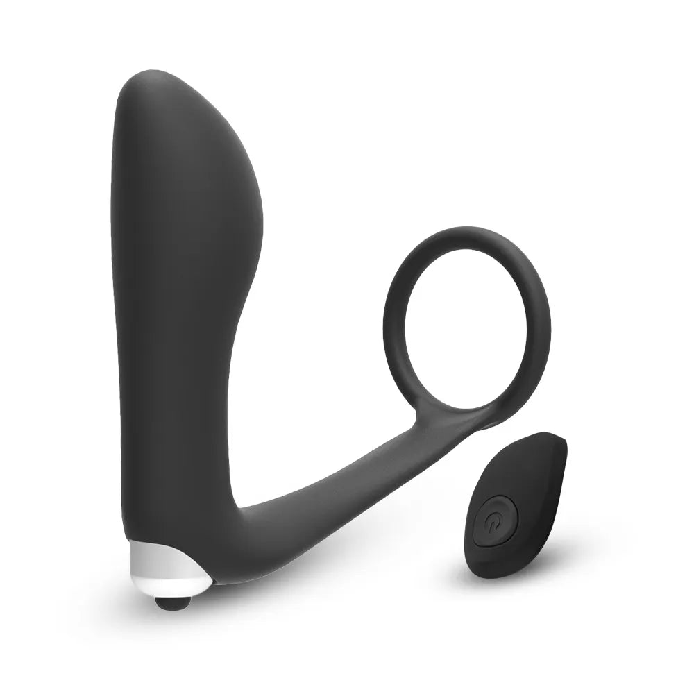 Black curved prostate massager with a connected ring and a small separate controller