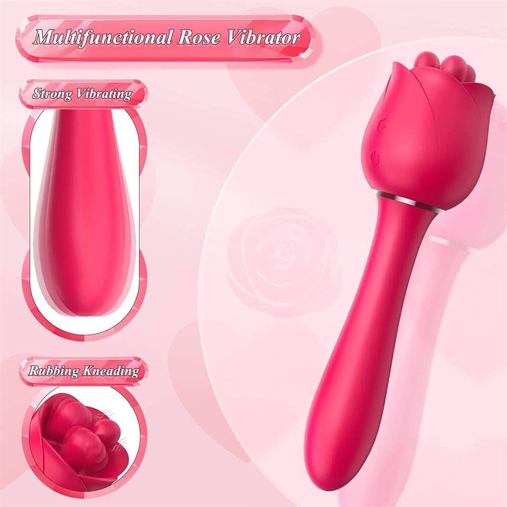 Cats Claw rose wand function graphic highlighting its rounded vibrating stem and three rounded kneading tips inside the flower-shaped head