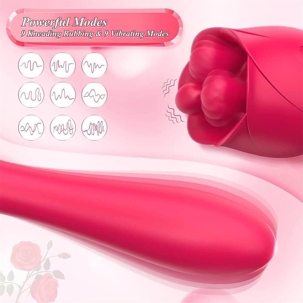 Cats Claw rose kneading wand graphic listing nine kneading and rubbing modes plus nine vibration modes with close-ups of the triple-tip head and rounded stem
