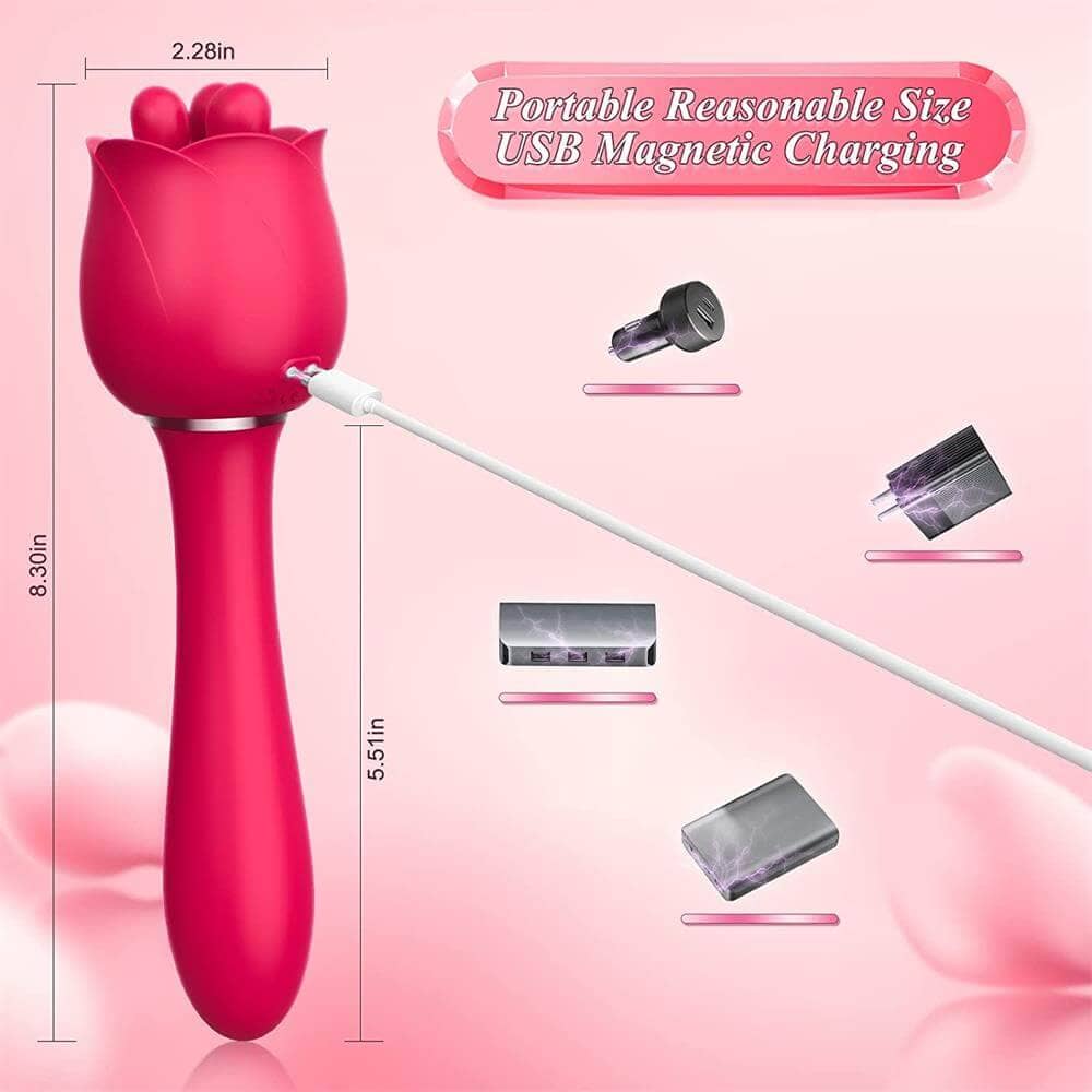 Cats Claw rose wand size and charging guide marking 8.30 inches overall, 5.51-inch stem and 2.28-inch head width with a magnetic cable attached at the rear