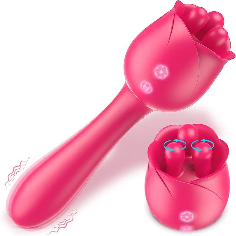 Pink Cats Claw rose kneading wand with a long rounded vibrating stem, two front buttons and a three-tip head illustrated with rotation arrows