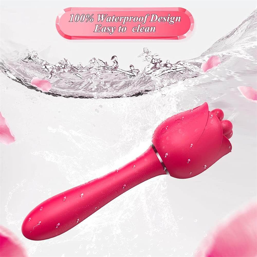 Pink Cats Claw rose kneading wand with water droplets on its smooth stem and petal-shaped triple-tip head in a water-care graphic
