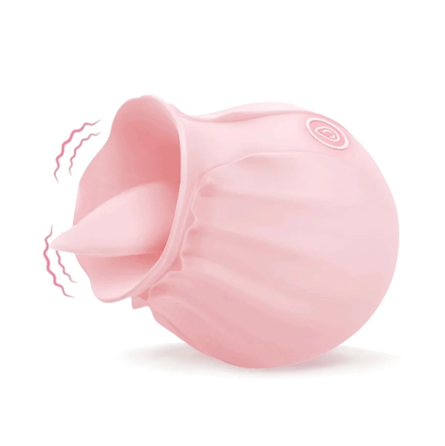 Angled view of the Pink Rose Tongue Toy showing the raised tip, petal rim and single front button