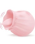 Angled view of the Pink Rose Tongue Toy showing the raised tip, petal rim and single front button