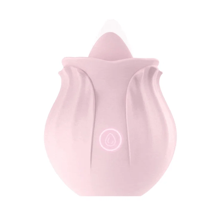 Pink compact Rose Tongue Toy with raised tongue-shaped tip, layered petals and one front control