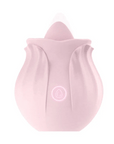 Pink compact Rose Tongue Toy with raised tongue-shaped tip, layered petals and one front control
