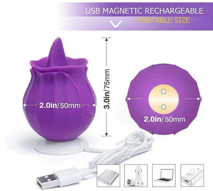 Purple Rose Tongue Toy diagram showing 75 mm height, 50 mm width and two magnetic charging contacts underneath