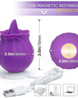 Purple Rose Tongue Toy diagram showing 75 mm height, 50 mm width and two magnetic charging contacts underneath