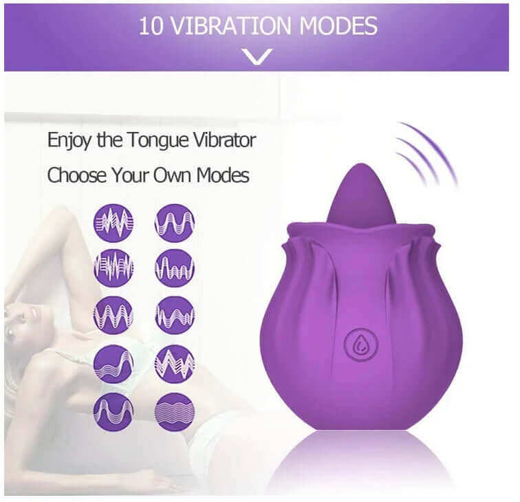 Purple Rose Tongue Toy guide showing ten vibration-pattern icons and the raised tongue-shaped contact tip