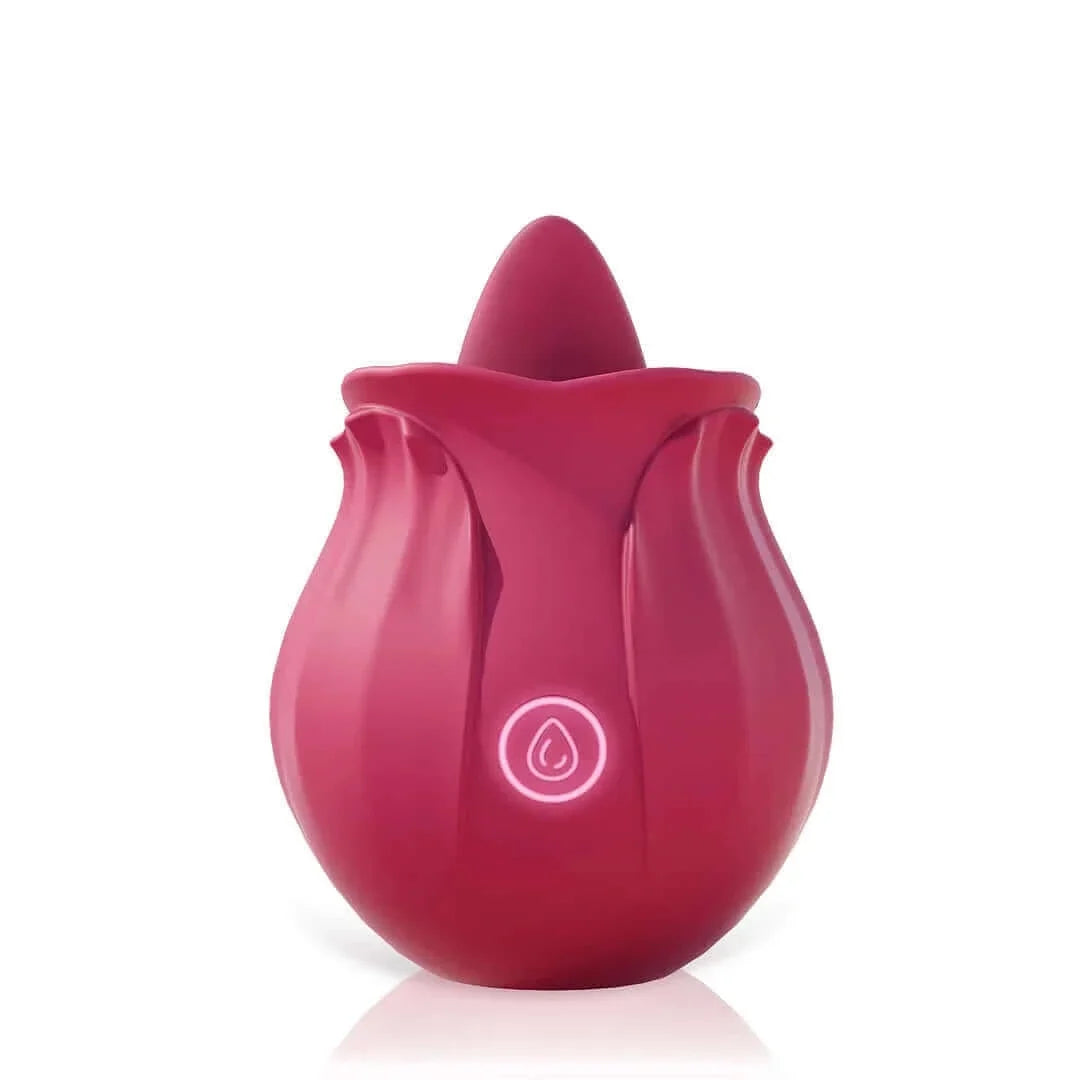 Red option of the compact Rose Tongue Toy with a raised tongue-shaped tip, rounded petal body and one front button