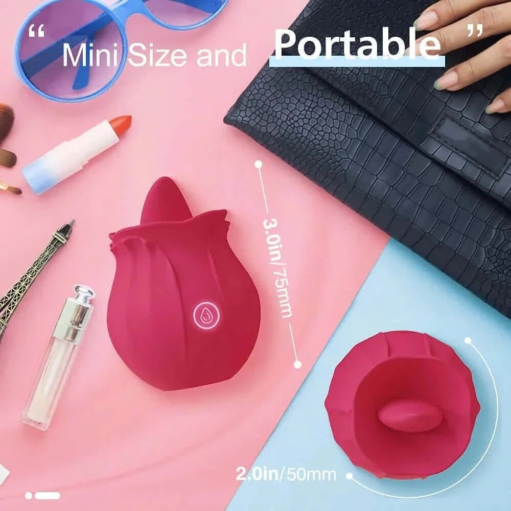 Red Rose Tongue Toy size guide showing 75 mm overall height and 50 mm width beside a front view of the tongue tip