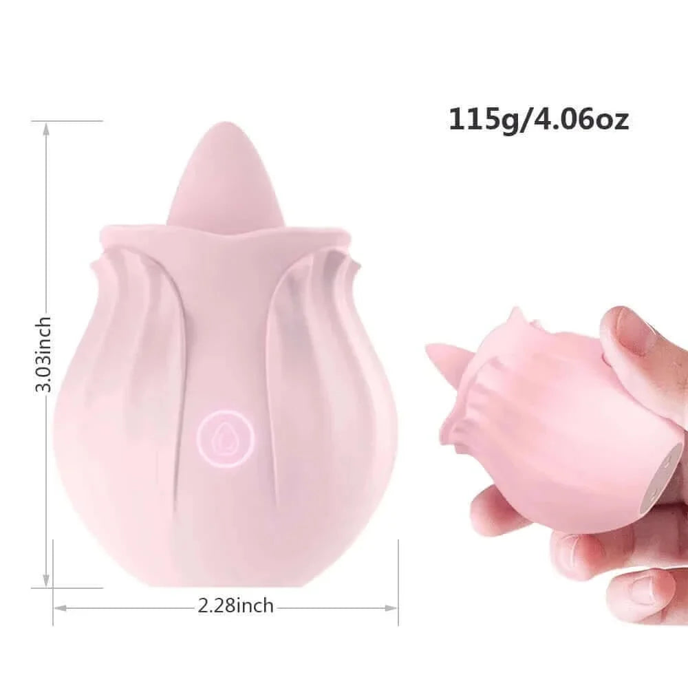Rose Tongue Toy size guide showing 3.03 inch overall height, 2.28 inch width and 115 g listed device weight