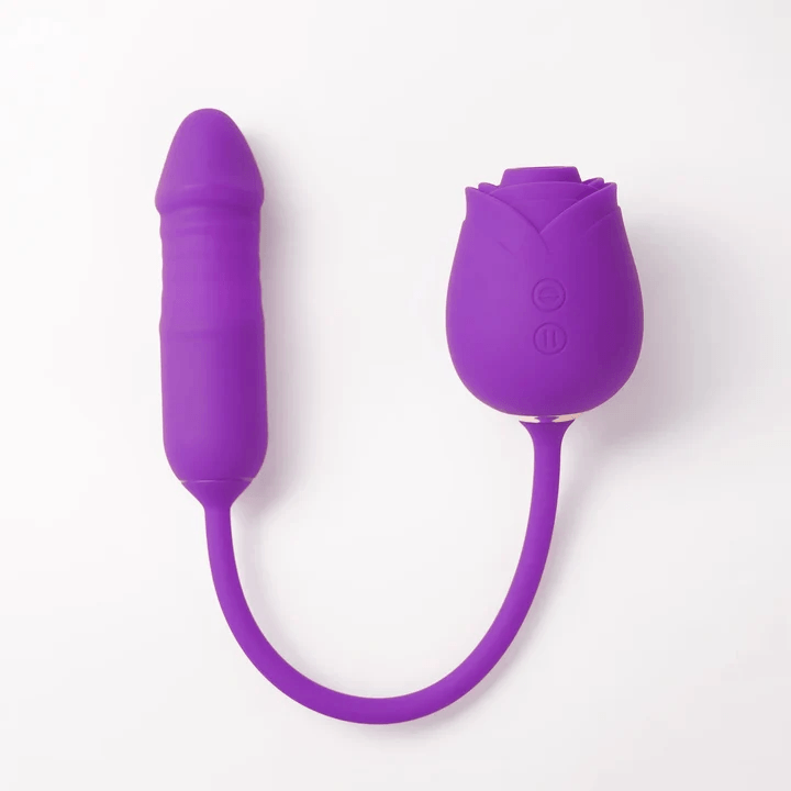 Purple connected rose suction toy with two controls and a ridged thrusting arm