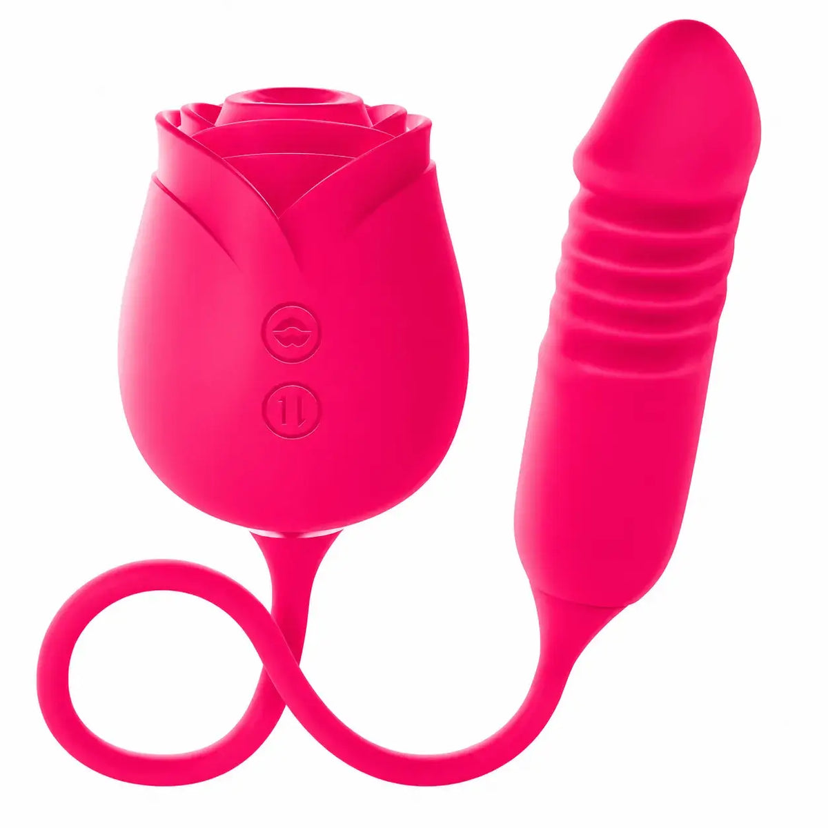 Red connected rose suction toy with two controls and a ridged thrusting arm