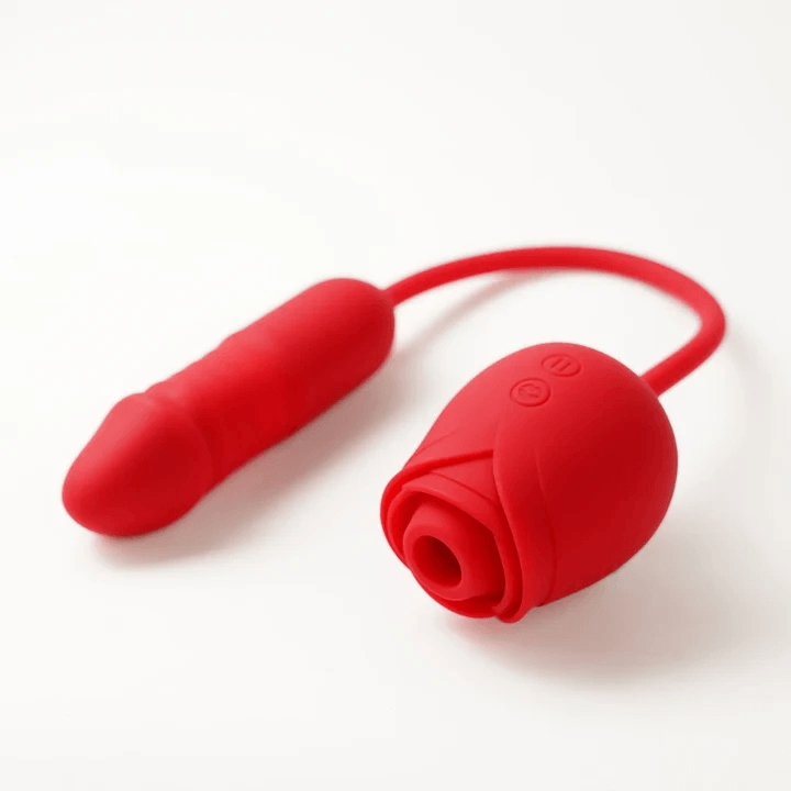 Red connected rose toy angled view showing the suction opening and textured arm