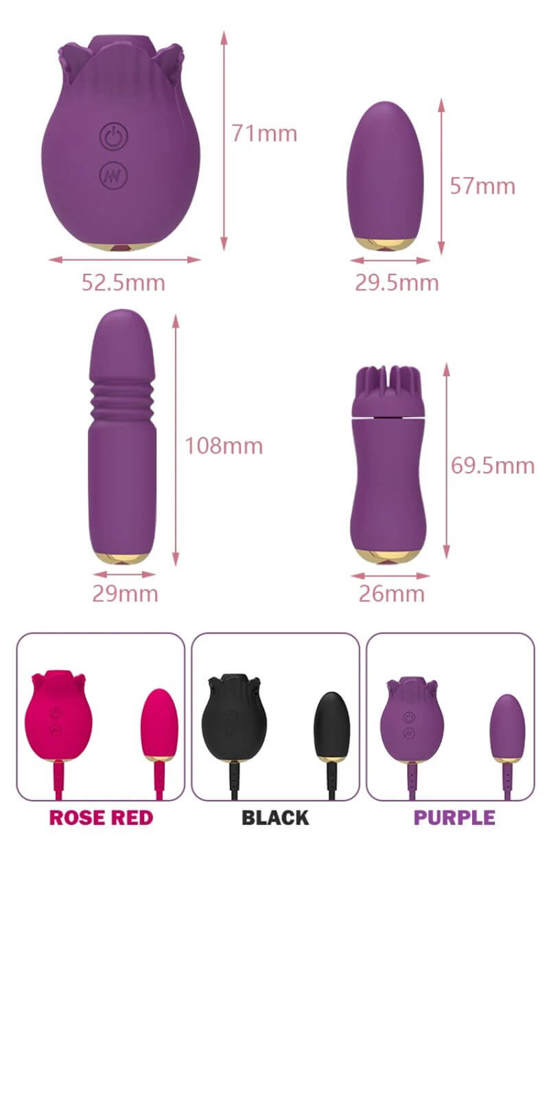 Size guide for detachable rose set: rose 71 by 52.5 mm, egg 57 by 29.5 mm, telescopic attachment 108 by 29 mm and brush 69.5 by 26 mm