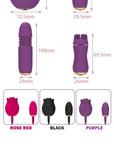 Size guide for detachable rose set: rose 71 by 52.5 mm, egg 57 by 29.5 mm, telescopic attachment 108 by 29 mm and brush 69.5 by 26 mm