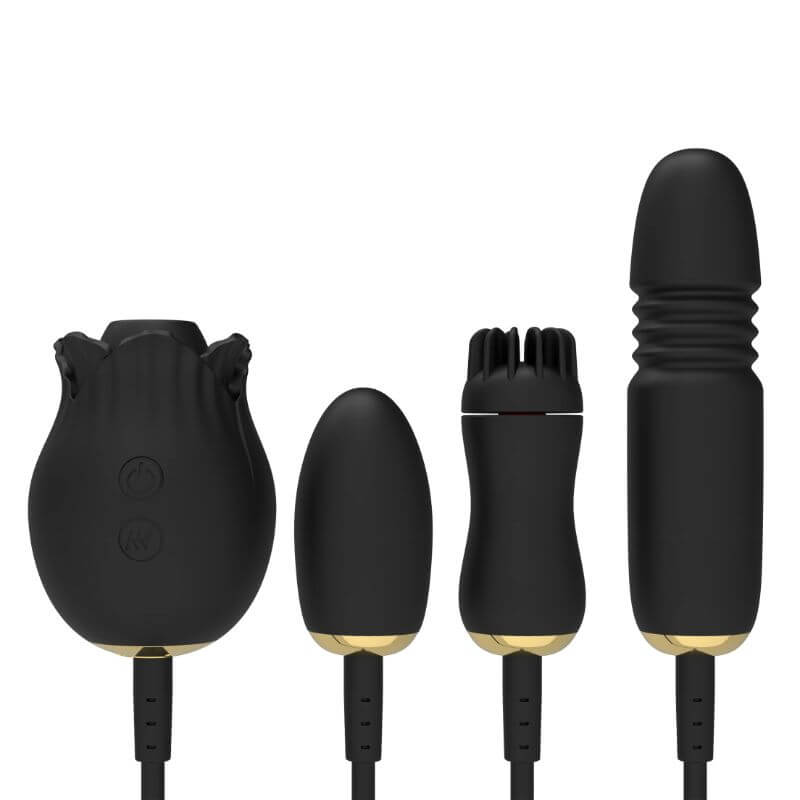 Black detachable rose toy set with suction unit, egg, rotating brush and telescopic attachment