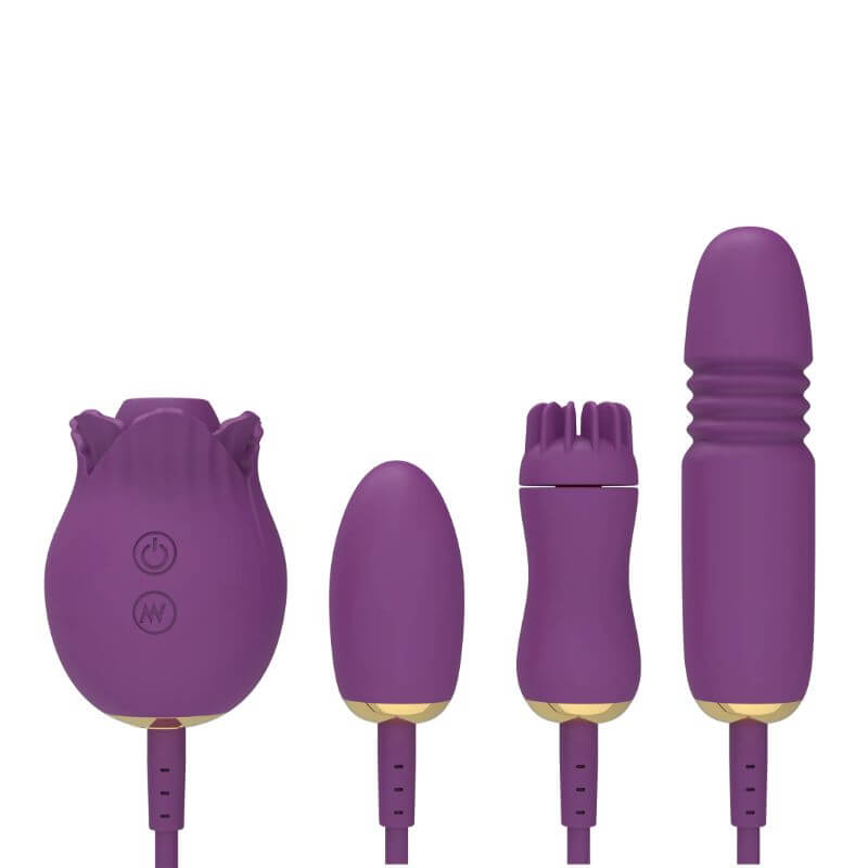 Purple detachable rose toy set with suction unit, egg, rotating brush and telescopic attachment