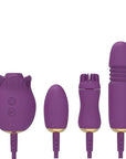 Purple detachable rose toy set with suction unit, egg, rotating brush and telescopic attachment