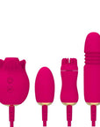 Red detachable rose toy set with rose suction unit, vibrating egg, rotating brush attachment and telescopic attachment