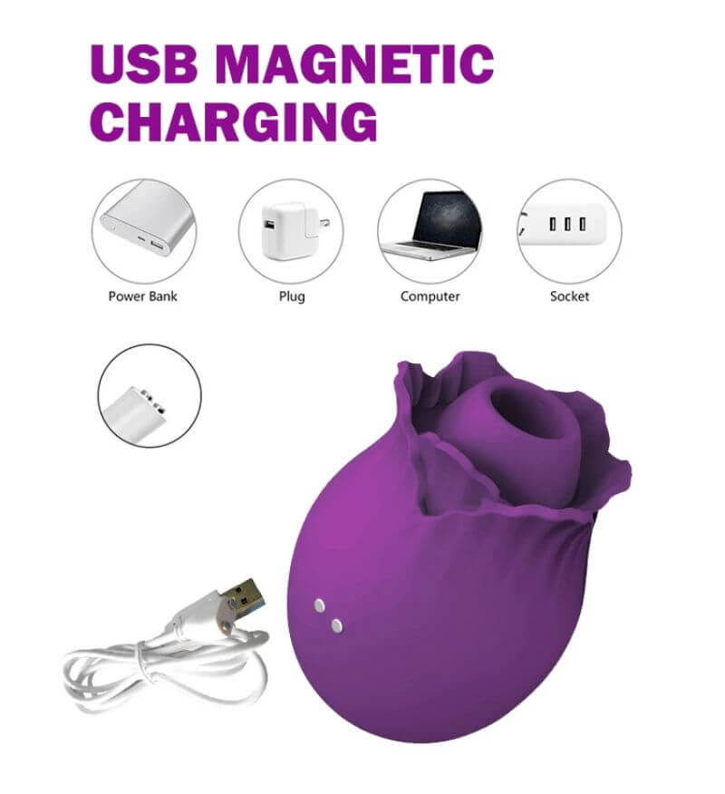 Magnetic USB charging cable and two charging contacts on the rose body; pictured power sources are illustrative accessories