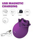 Magnetic USB charging cable and two charging contacts on the rose body; pictured power sources are illustrative accessories