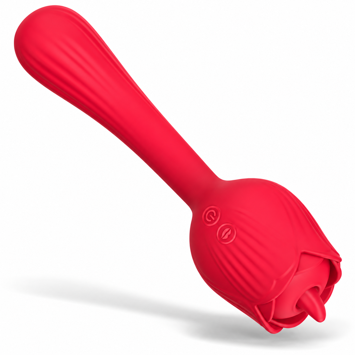 Dora Plus red rose tongue vibrator with curved ridged stem and two front control buttons on white