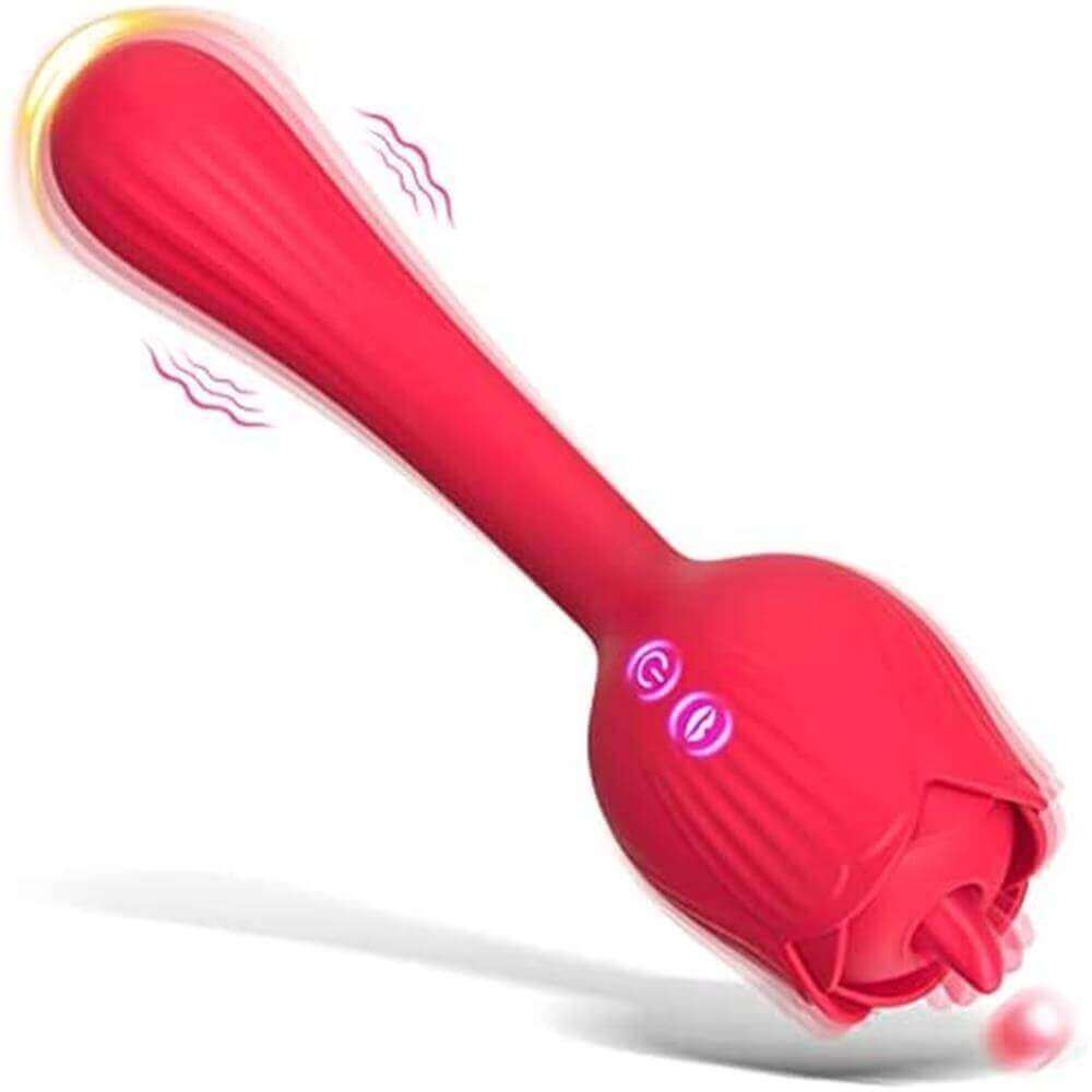Dora Plus red rose tongue vibrator with a long curved stem, rounded tip, projecting tongue in the flower head and two front buttons