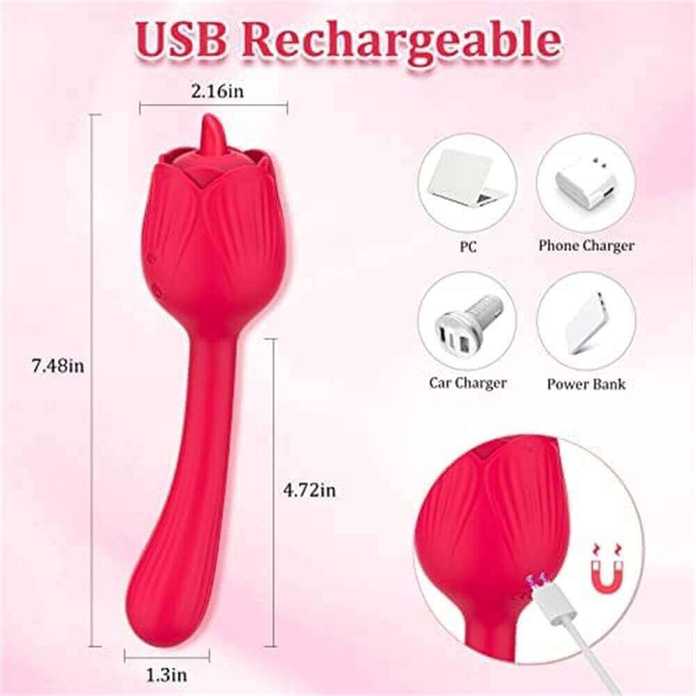 Dora Plus size and charging guide showing 7.48-inch overall length, 4.72-inch curved stem, 2.16-inch rose width, 1.3-inch stem width and rear magnetic USB contacts
