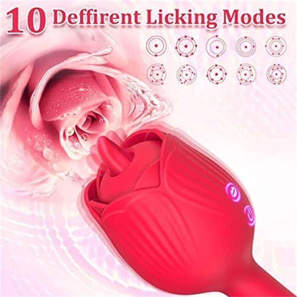 Dora Plus rose head feature graphic showing ten licking-mode symbols, a projecting tongue, layered petals and two front buttons