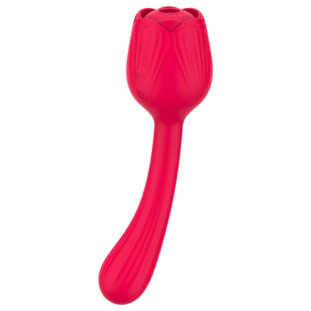 Red Dora rose suction vibrator with a central air-pulse opening, two front buttons and an elongated curved textured stem