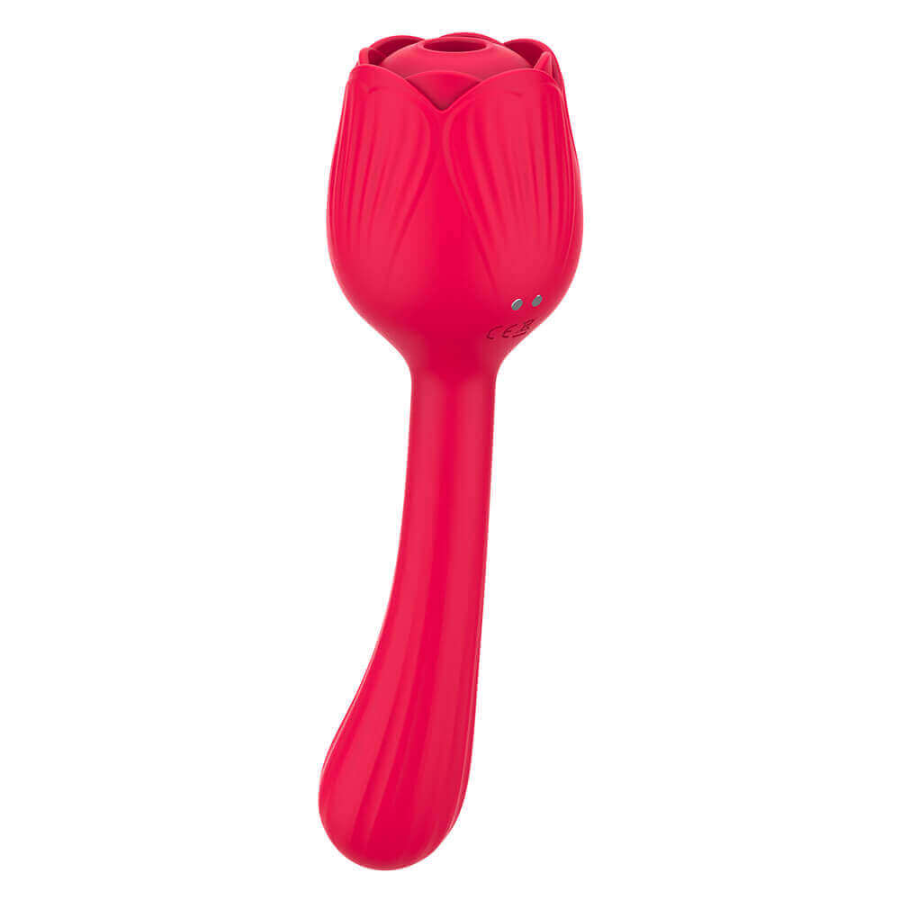 Rear view of the red Dora rose suction vibrator showing two magnetic charging contacts below the petals and a long curved stem