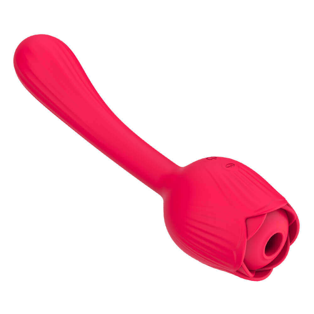 Side angle of the red Dora suction rose showing its long curved stem, rounded textured end and petal-framed opening