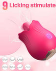 Doreen rose tongue vibrator feature graphic showing nine licking pattern symbols, projecting tongue, single power button and two underside charging contacts