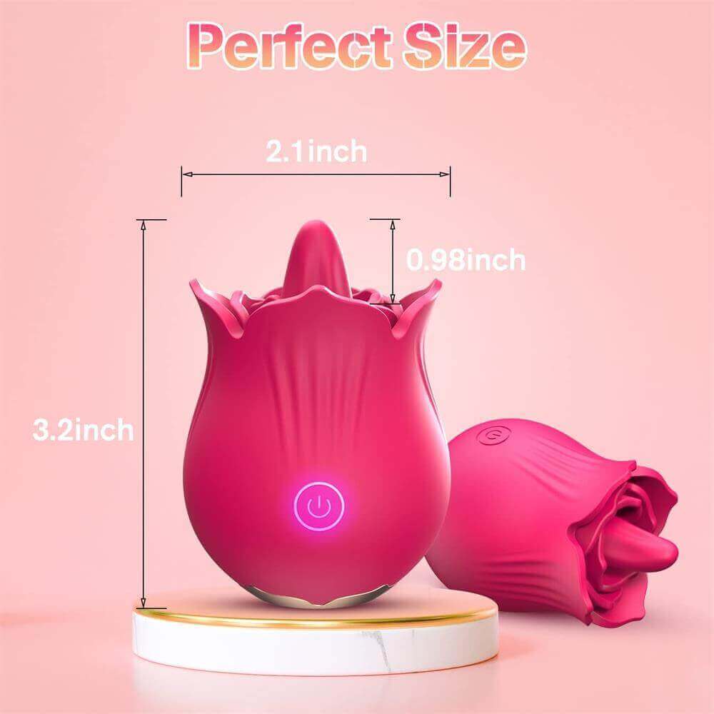 Doreen rose tongue vibrator size guide marking 3.2-inch overall height, 2.1-inch width and a 0.98-inch tongue projection above the petal rim