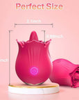 Doreen rose tongue vibrator size guide marking 3.2-inch overall height, 2.1-inch width and a 0.98-inch tongue projection above the petal rim