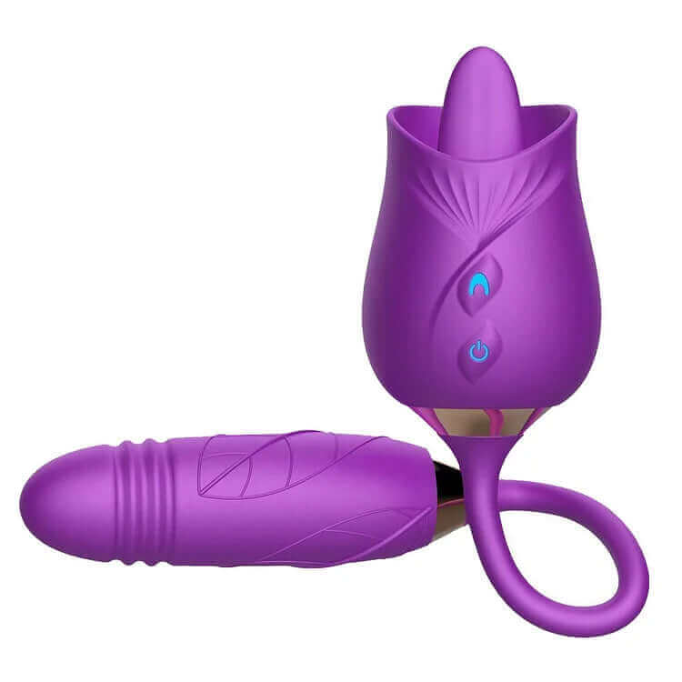 Purple dual-head rose jumper with a raised tongue-shaped tip, leaf-textured body and linked vibrating bud
