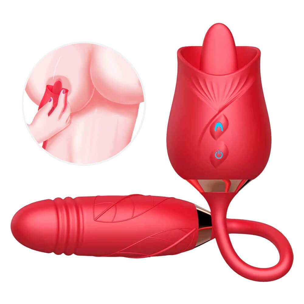 Red option showing the raised tongue-shaped head, two front buttons and linked textured bud