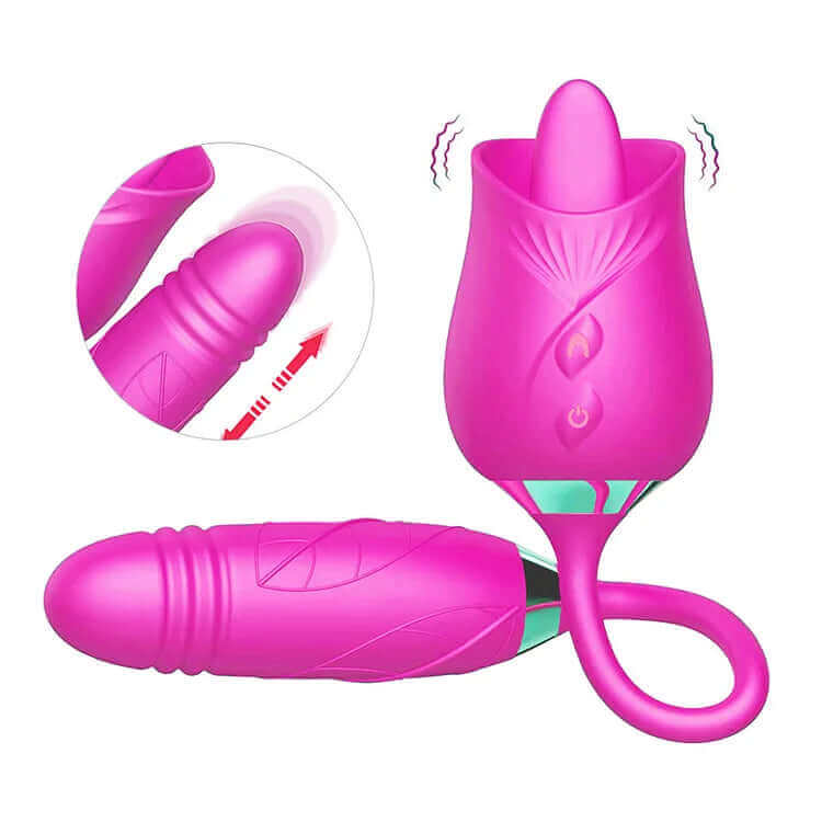 Rose Red option pictured in bright magenta with a raised tongue-shaped tip, two front controls and linked textured bud
