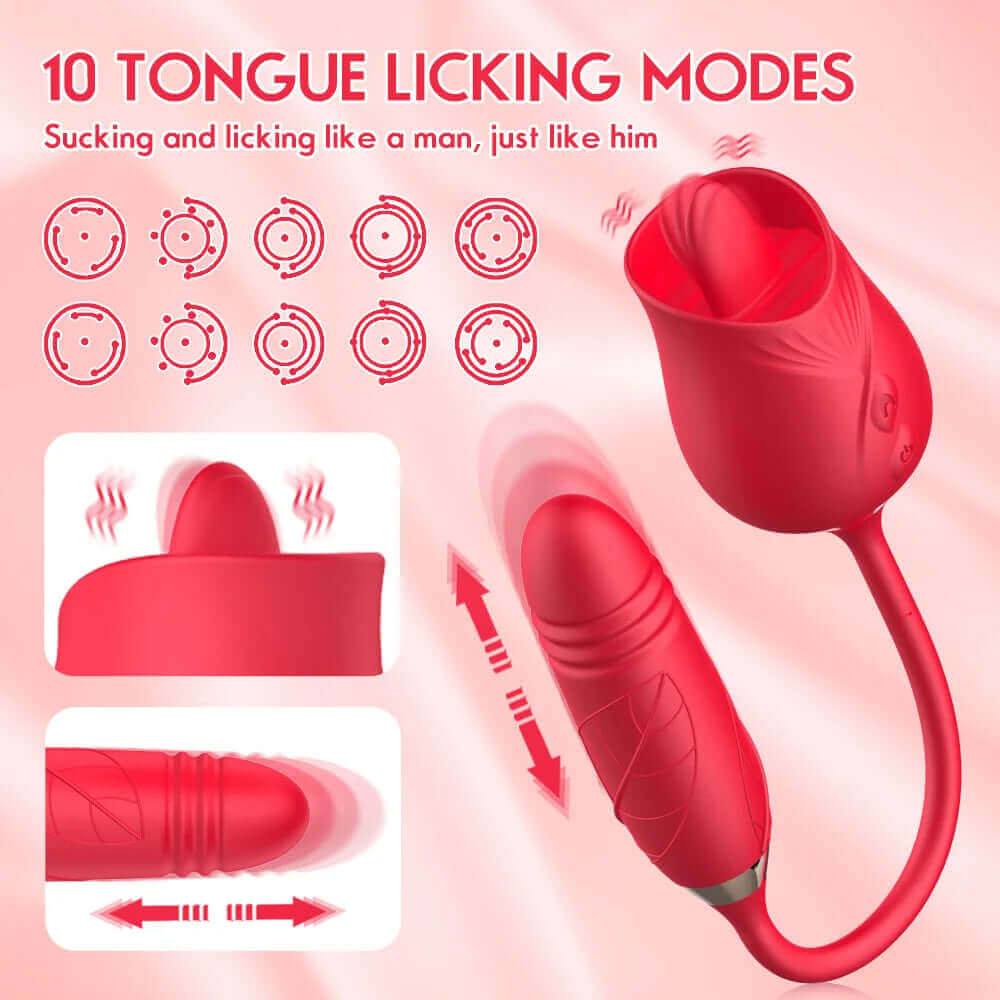 Dual-head rose jumper diagram identifying ten tongue patterns with movement arrows for the connected textured bud